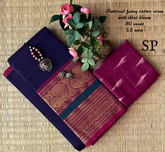 Chettinad fancy cotton Sarees with Ikkat blouse