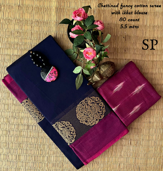 Chettinad fancy cotton Sarees with Ikkat blouse