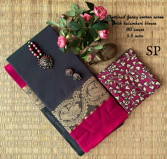 Chettinad fancy cotton Saree with Kalamkari blouse